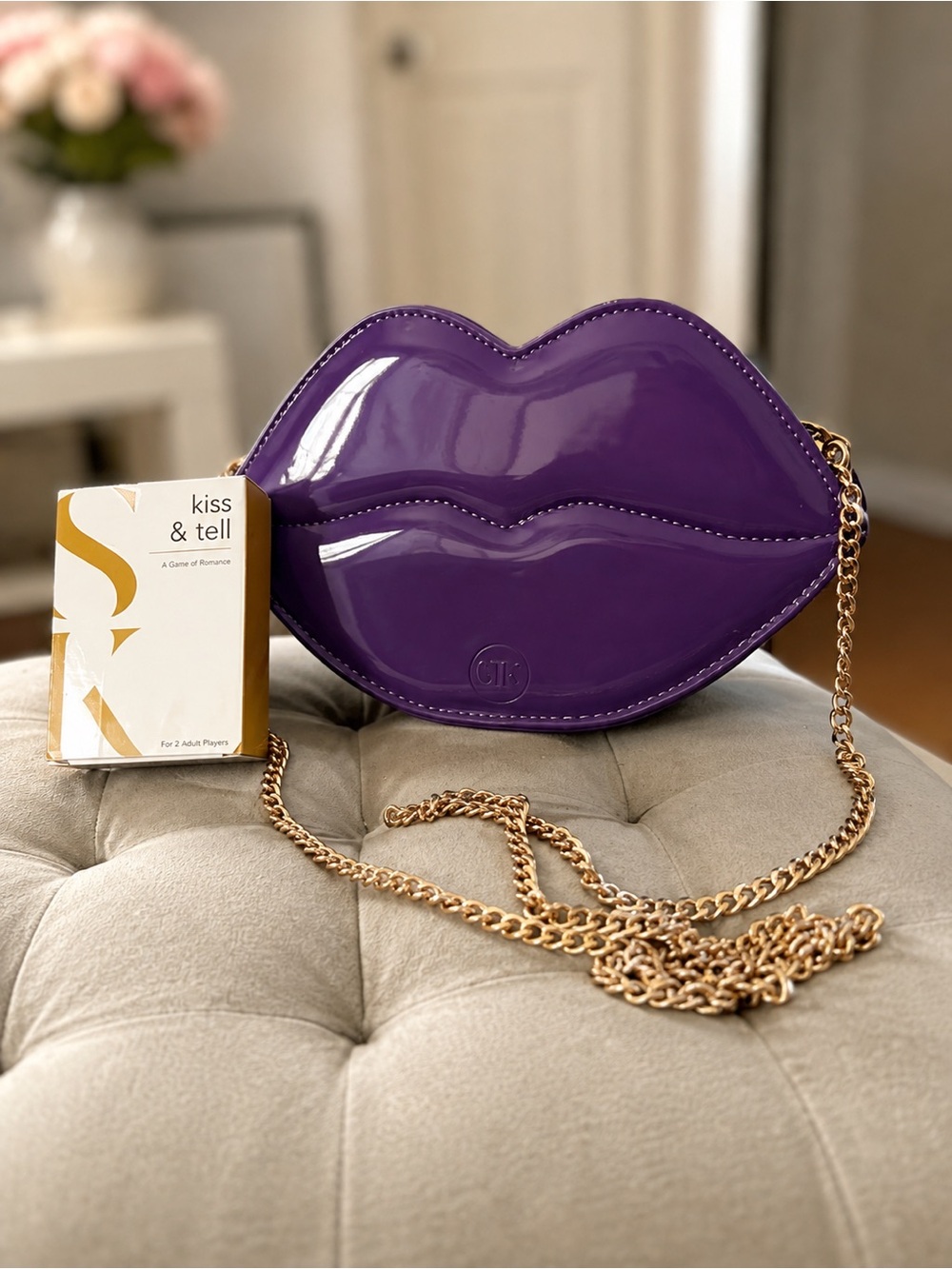 KISS & TELL GAME with Purple Lip-Shaped Crossbody Purse Bag with Gold Chain
